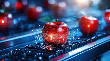 Poster - Robotic fruit picker delicately handles apples on conveyor belt, illuminated by soft ambient light, showcasing advanced technology in agriculture