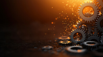 Fototapete - Stack of metallic gears illuminated by warm, glowing light creates dynamic industrial scene with sparks flying. composition highlights intricate details and mechanical beauty