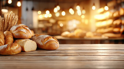 Aufkleber - Variety of freshly baked bread loaves are displayed on rustic wooden table in warm, inviting bakery setting with soft lighting. atmosphere is cozy and welcoming