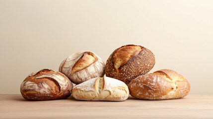 Aufkleber - Variety of freshly baked bread loaves are displayed on wooden surface, showcasing different textures and crusts. assortment includes rustic and artisanal styles, perfect for bakery setting