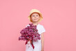 © New Africa - Little boy with bouquet of lilac flowers on pink background, space for text