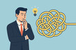 © Fabio - Concept of problem solving: Pensive businessman analyzing complex tangled path. Bright lightbulb signifies innovative idea for solution. Business strategy, challenge, untangling chaos. Vector.