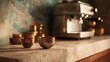 © CYBERPINK - Close-up of a kitchen countertop with two small bowls on it. the countertop is made of a light-colored material, possibly stone or marble, and there is a coffee machine in the background.