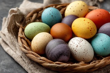 Poster - Colorful Easter eggs in a woven basket placed on textured fabric during springtime celebration preparations