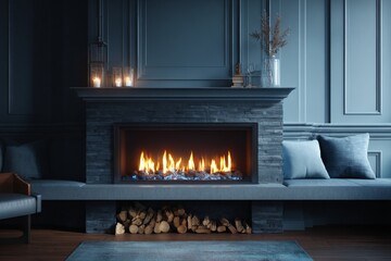 Aufkleber - Elegant modern living room with stylish fireplace and cozy seating arrangement featuring warm flames and soothing ambiance