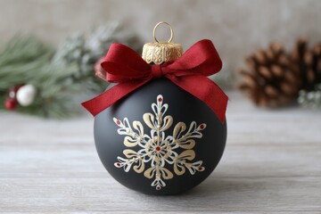 Poster - Classic black and gold decorative Christmas ornament with red ribbon on wooden surface