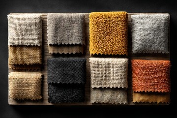 Aufkleber - Textile swatches displayed on a wooden board showcasing various textures and colors in vibrant fabrics