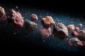 Aufkleber - Asteroid belt in deep space with floating rocks and cosmic dust captured during a stellar simulation