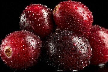Wall Mural - Fresh and juicy cranberries with water droplets on a dark background showcasing their vibrant color and texture
