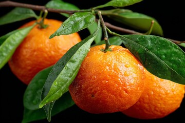 Wall Mural - Freshly picked ripe tangerines with droplets on leaves hanging from a branch in a dark setting