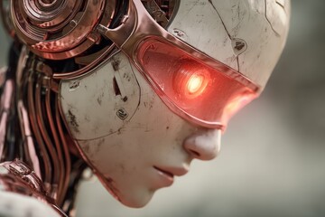 Poster - Close-up view of a futuristic humanoid robot with glowing eyes reflecting advanced technology and intricate design