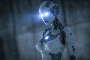 Poster - Futuristic female robot stands in a dimly lit industrial environment with glowing features and intricate details