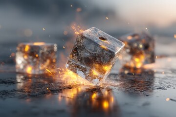 Poster - Melting ice cubes create sparks in a dramatic setting during twilight hours