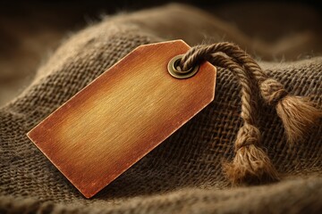 Poster - Rustic brown hanging tag placed on a textured burlap fabric with soft lighting in a cozy indoor setting