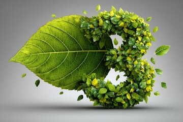 Poster - Creative representation of nature with green leaf forming a stylized number three against a neutral background in bright illumination