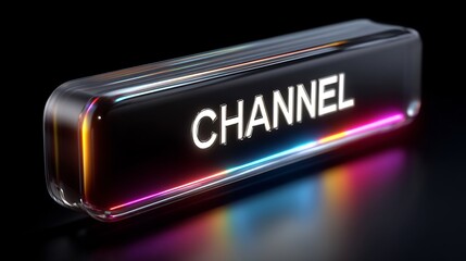 A glossy, rectangular button with the word 