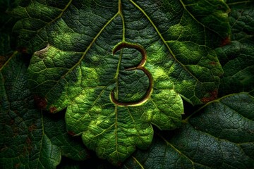 Poster - Unique leaf arrangement featuring intricate green textures and a prominent number three carved into foliage