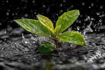 Poster - Water splashes around a fresh green plant highlighting nature's vitality and resilience in a dynamic, artistic display