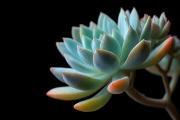 Poster - Beautiful succulent plant with soft green and orange hues showcasing intricate leaf patterns against a dark background