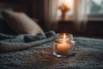 Poster - Warm candlelight illuminates cozy bedroom during tranquil evening hours