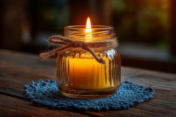 Aufkleber - Warm glow from a hand-poured candle in a rustic setting creates a cozy atmosphere during evening hours