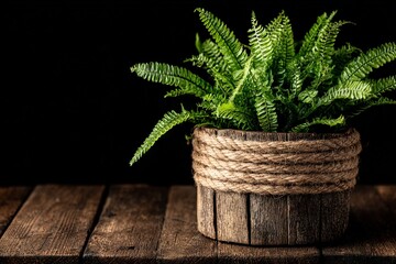 Poster - Lush green fern in rustic wooden pot displayed on a vintage wooden table against a dark background