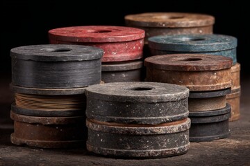 Aufkleber - Old spools of thread in various colors arranged artistically on a dark surface showcasing vintage craftsmanship and textures
