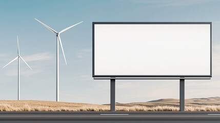a minimalist billboard frame mockup on an open roadside showing a clean energy ad with wind turbine 