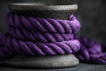 Aufkleber - Quality purple rope on a dark wooden spool detailed from a close perspective in a well-lit studio setting