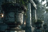A beautiful decorative stone flowerpot overgrown with plants and moss in a garden, with an atmospheric and mysterious ambiance, creating a serene and historical atmosphere.