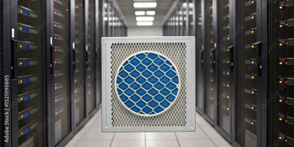 Computer Case Using Furnace Filter Furnace Filter concept. Data center with air filtration system in focus ...