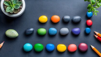 Colorful stones arranged in a pattern on a dark surface.