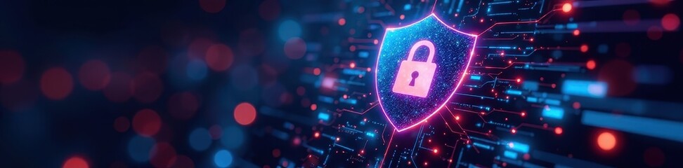 Abstract digital data shield with padlock icon, data governance, data