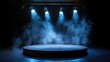 © savittree - Circular platform with smoke rising under stage lights in dark dramatic setting