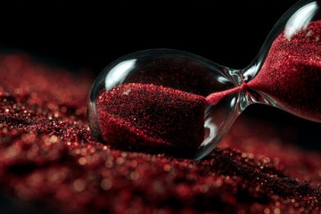 Aufkleber - Hourglass filled with red sand displayed on glittering surface in soft light