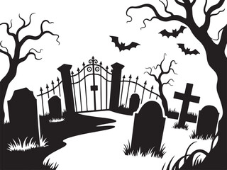 cemetery gate silhouette, halloween cemetery elements vector illustration