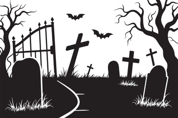 cemetery gate silhouette, halloween cemetery elements vector illustration