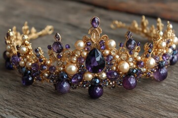 Aufkleber - Intricately designed golden crown adorned with purple stones and pearls on wooden surface during daylight