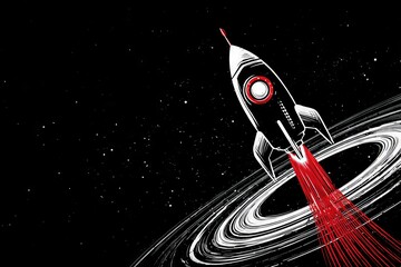 Aufkleber - Rocket launching into space near a swirling ringed planet in a starry universe