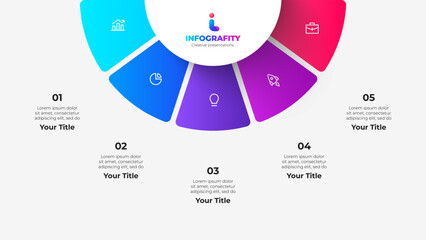 Aufkleber - Infographic featuring five segmented sections with icons and placeholders. Ideal for presentations and business related designs illustrating processes or steps in a colorful, appealing visualization