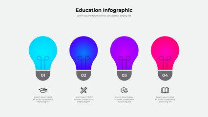 Aufkleber - Educational infographic design featuring multicolored light bulbs with accompanying text icons, perfect for illustrating steps, ideas, or processes in learning, innovation, and teaching contexts