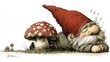 © Marina - storybook illustration of a sleepy gnome in a red hat leaning on a mushroom, isolated on white background