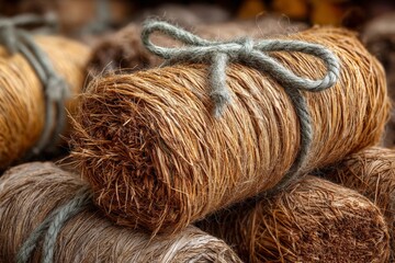 Poster - Natural fiber rolls stacked in a workshop, showcasing traditional crafting materials for artisans