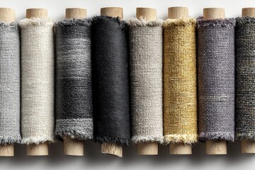 Aufkleber - Variety of fabric rolls displayed neatly on wooden spools for textile selection in a design studio