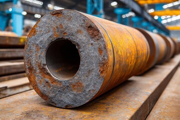 Aufkleber - Rusty steel cylinder in a manufacturing facility during daylight hours surrounded by other industrial materials