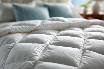 Poster - Cozy bedding with plush comforter and soft pillows in a bright bedroom during the day