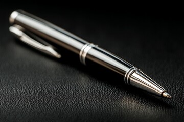 Aufkleber - Luxury silver pen resting on a textured black surface in a well-lit environment during the afternoon