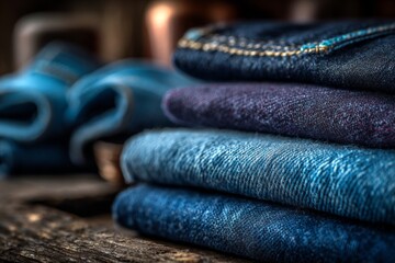 Aufkleber - Denim fabrics displayed in various shades and textures on rustic wooden surface