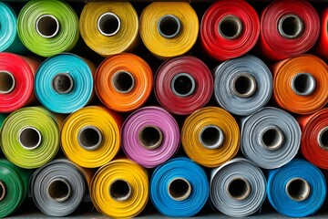 Aufkleber - Colorful collection of thread spools arranged neatly in a craft store showcasing various hues perfect for sewing projects