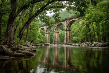 Aufkleber - Serene morning at the stone bridge over reflective river in lush green forest